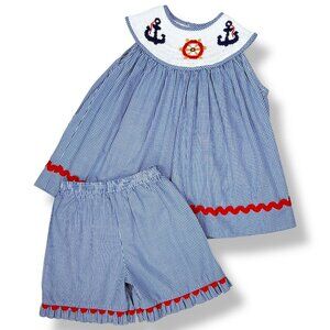 Remember Nguyen Toddler Girls Blue Nautical Anchor Smocked Shorts Outfit Set 3T